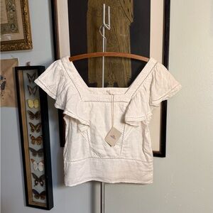 NWT! 🖤 Faherty 🖤 Mariposa 💯 Linen Cream Ruffle Flouncy Sleeveless Blouse XS